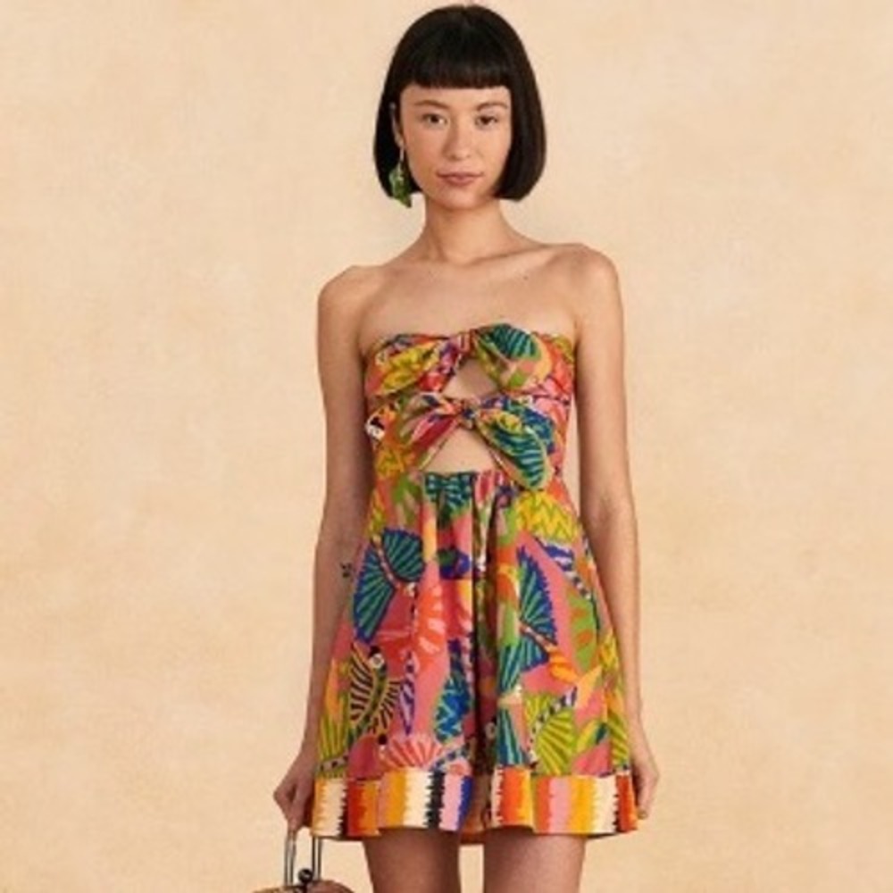 Farm Rio Pink Tropical Toucan Strapless Tie Front Mini Dress Medium